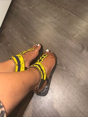 Beaded Ankle-Strap Sandals in Yellow and Navy - Women